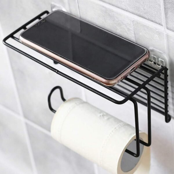 Zeinwap Self Adhesive Wall Mounted Toilet Paper Holder - Tissue Roll Holder with Storage Shelf Iron Black Coated (Metal, 1 Pc)