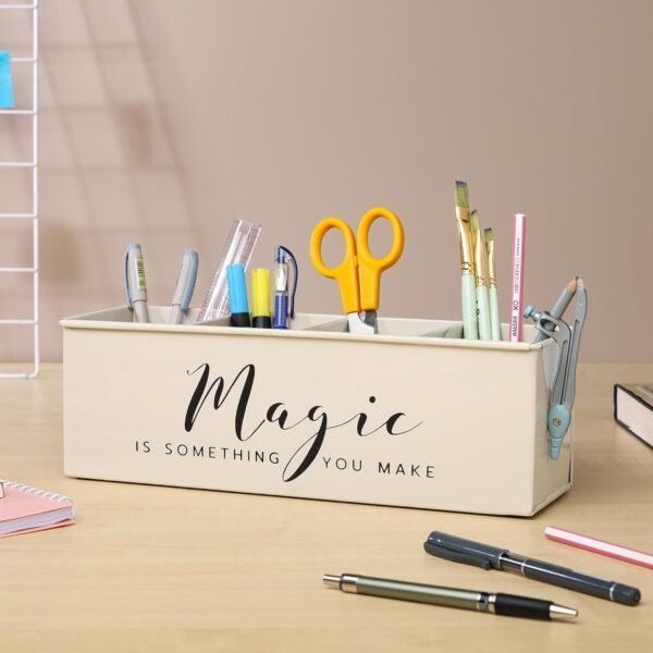 anantam homes Desk organizer with 4 compartments for office table | stylish Metal Desk Organizer | Stationary Storage | Pencil Holder for Office, Home, and Study Table (Magic) Beige