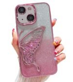 mobistyle Silicone Designed For iPhone 15 Plus Cover With Glitter Cute Butterfly Electroplating Design Back Cover Case For Women Teen Girls (Pink)