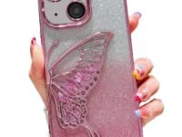 mobistyle Silicone Designed For iPhone 15 Plus Cover With Glitter Cute Butterfly Electroplating Design Back Cover Case For Women Teen Girls (Pink)