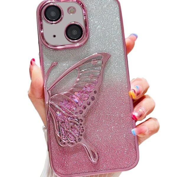 mobistyle Silicone Designed For iPhone 15 Plus Cover With Glitter Cute Butterfly Electroplating Design Back Cover Case For Women Teen Girls (Pink)