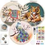picknMAKE Combo of 3 Full DIY Hand Embroidery Kits for Beginners | Cross Stitch Kit for Adults & Kids | Pre-Printed Fabric Panels with Threads, Needles, Hoop, Sequins & Instruction Guide