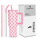 Tumbler with lid and Straw 1200ML Cup Stainless Steel Vacuum Insulated Tumbler for Water, Iced Tea or Coffee 1.2L Office Gym Travelling (40-Oz-Pink Checks)