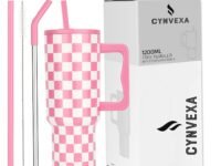 Tumbler with lid and Straw 1200ML Cup Stainless Steel Vacuum Insulated Tumbler for Water, Iced Tea or Coffee 1.2L Office Gym Travelling (40-Oz-Pink Checks)