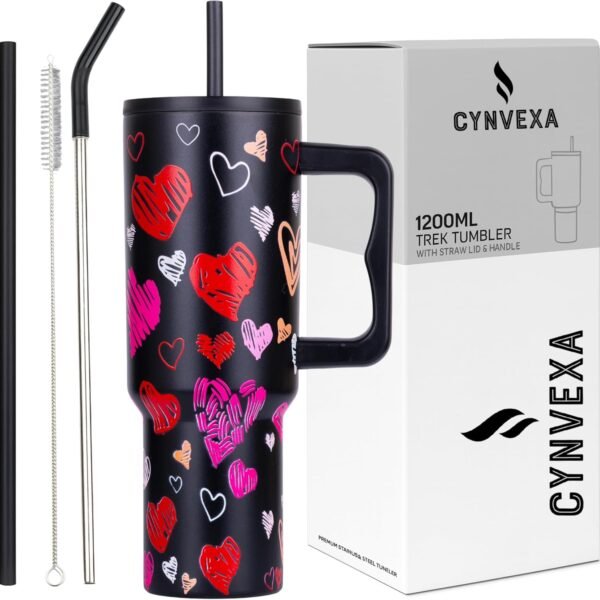 Tumbler with lid and Straw 1200ML Cup Stainless Steel Vacuum Insulated Tumbler for Water, Iced Tea or Coffee 1.2L Office Gym Travelling (Black Heart)