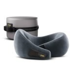 Frido Travel Neck Pillow, 100% Hi-Per Foam, Lightweight Neck Support Pillow, Neck Pillow for Flight Travel, Memory Foam Car Neck Pillow, Adjustable Velcro Straps, Free Travel Pouch (Bluish Grey)