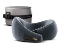 Frido Travel Neck Pillow, 100% Hi-Per Foam, Lightweight Neck Support Pillow, Neck Pillow for Flight Travel, Memory Foam Car Neck Pillow, Adjustable Velcro Straps, Free Travel Pouch (Bluish Grey)
