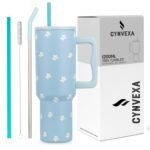 CYNVEXA Tumbler with lid and Straw 1200ML Cup Stainless Steel Vacuum Insulated Tumbler for Water, Iced Tea or Coffee 1.2L Office Gym Travelling (Flower Retro Mint)