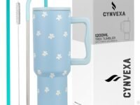 CYNVEXA Tumbler with lid and Straw 1200ML Cup Stainless Steel Vacuum Insulated Tumbler for Water, Iced Tea or Coffee 1.2L Office Gym Travelling (Flower Retro Mint)