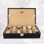 LEDO Men's and Women's Watch Box Holder Organizer Case In 12 Slots of watches In PU Leather with Royal Black & Cream Color with Chain Pocket