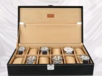 LEDO Men's and Women's Watch Box Holder Organizer Case In 12 Slots of watches In PU Leather with Royal Black & Cream Color with Chain Pocket