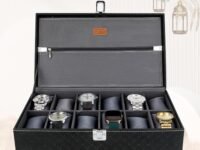 LEDO Men's and Women's Watch Box Holder Organizer Case In 12 Slots of watches In PU Leather with Royal Black & Gray Color with Chain Pocket