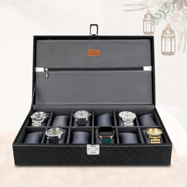 LEDO Men's and Women's Watch Box Holder Organizer Case In 12 Slots of watches In PU Leather with Royal Black & Gray Color with Chain Pocket