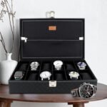 LEDO Men's and Women's Watch Box Holder Organizer Case In 12 Slots of watches In PU Leather with Royal Black color with Chain Pocket