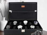 LEDO Men's and Women's Watch Box Holder Organizer Case In 12 Slots of watches In PU Leather with Royal Black color with Chain Pocket