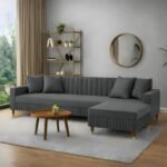 AMATA Omega Solid Wood 4 Seater L Shape Grey Suede Velvet Fabric Sofa Set with Four Cushions Perfect for Home Office Guests Living Room (03 Grey, Omega L Shape 4 SSEATER)(3 Year Warranty)