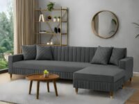 AMATA Omega Solid Wood 4 Seater L Shape Grey Suede Velvet Fabric Sofa Set with Four Cushions Perfect for Home Office Guests Living Room (03 Grey, Omega L Shape 4 SSEATER)(3 Year Warranty)