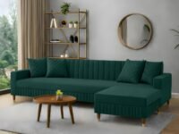 AMATA Omega Solid Wood 4seater L Shape Green Suede Velvet Fabric Sofa Set with Four Cushions Perfect for Home Office Guests Living Room (03 Green, Omega L Shape 4 SSEATER)(3 Year Warranty)