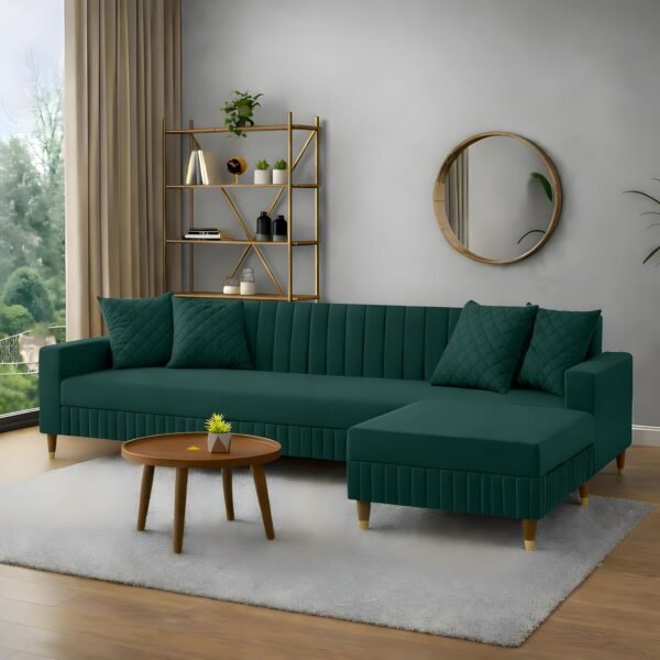 AMATA Omega Solid Wood 4seater L Shape Green Suede Velvet Fabric Sofa Set with Four Cushions Perfect for Home Office Guests Living Room (03 Green, Omega L Shape 4 SSEATER)(3 Year Warranty)