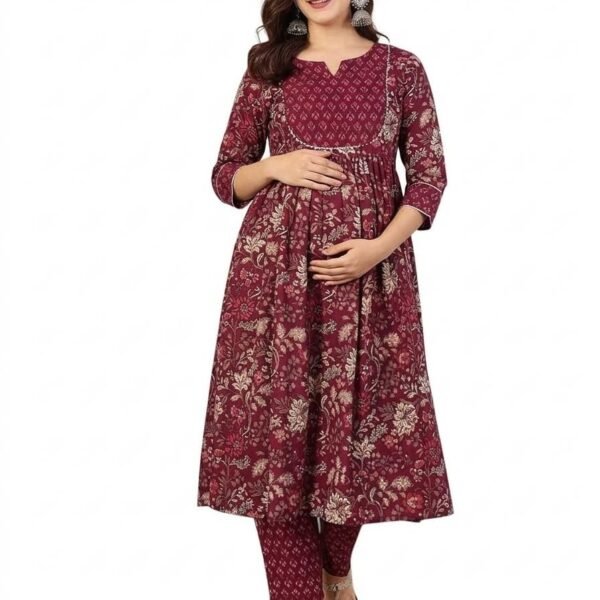 ASSUME FAB Women Viscose Rayon Anarkali Maternity and Feeding Zip Kurti and Pant Set