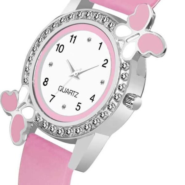 Acnos® Premium White Dial Diamond Pink Analog Watch Love Heart Diamond Bracelet for Girls Best Design Butterfly Combo 3 Pack of 3