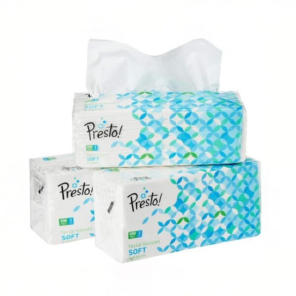 Amazon Brand - Presto! 2 Ply Facial Tissue Box | 600 Pulls | 200 Pulls X 3 Cartons | Soft And Highly Absorbent | 100% Natural Virgin Cellulose Fiber