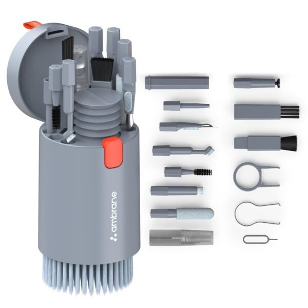Ambrane 20-in-1 Cleaning Kit for Smartphones, Tablet, PC Computer, Laptops, Keyboards, DSLR Camera Lens, Earphones, Airpods with Screen Dust Brush, Key Puller & Spray Bottle (ACK-01, Grey)