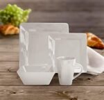 American Atelier 6944-16-RB Kingsley Casual Square Dinnerware Set – 16-Piece Stoneware Party Collection w/ 4 Dinner Salad Plates, 4 Bowls & 4 Mugs – Unique Gift Idea, White-16