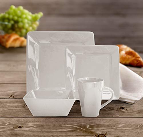 American Atelier 6944-16-RB Kingsley Casual Square Dinnerware Set – 16-Piece Stoneware Party Collection w/ 4 Dinner Salad Plates, 4 Bowls & 4 Mugs – Unique Gift Idea, White-16
