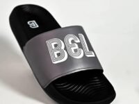 BEL-AIRE Men's & Women's Slide Slipper, Black and Grey, Logo Print Strap, Open Toe
