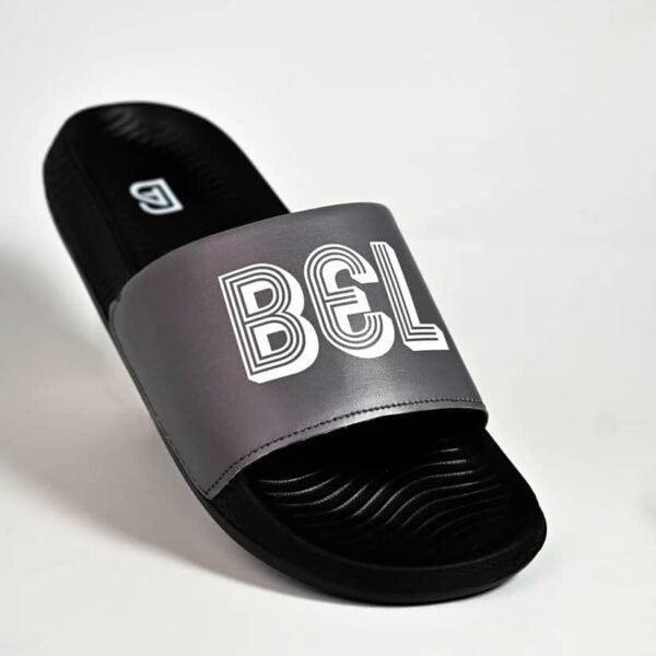 BEL-AIRE Men's & Women's Slide Slipper, Black and Grey, Logo Print Strap, Open Toe