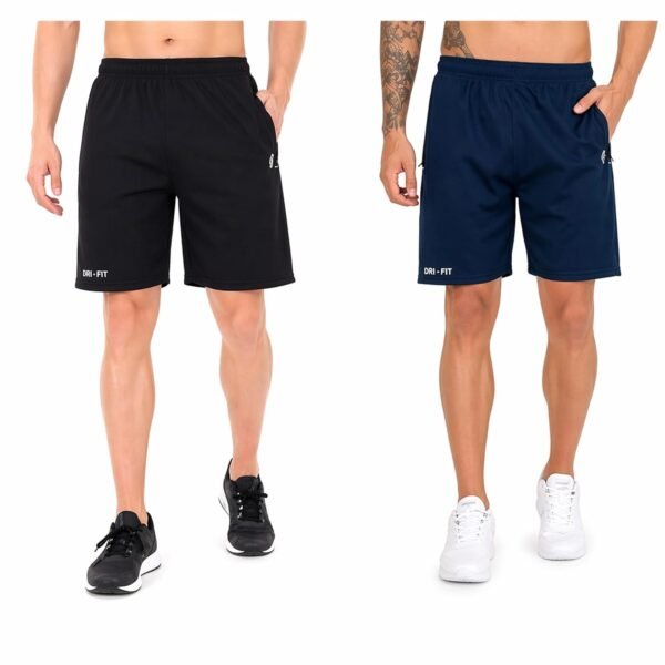 BLUE STAR SHARK Athletic Sports Shorts for Men with Zip Pockets and Elastic Waistband Quick Dry Lightweight Activewear Combo - Pack of 2