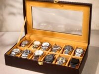 Birch & Co. Faux Leather Watch Box Organizer,Watchcase Box For Unisex,Storage Tray,Wristwatch Collection Holder 12 Slots,Sleek & Durable Display Case For All Enthusiasts,Mohagany,Brown