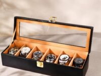 Birch & Co. Watch Box Organizer – 6 Slot Display Case with Glass Lid, PU Leather, Soft Velvet Interior – Elegant Storage for Men’s & Women’s Watches, Jewelry & Accessories – Gift-Ready Case, Black