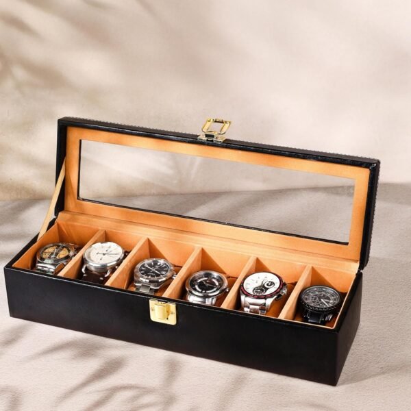 Birch & Co. Watch Box Organizer – 6 Slot Display Case with Glass Lid, PU Leather, Soft Velvet Interior – Elegant Storage for Men’s & Women’s Watches, Jewelry & Accessories – Gift-Ready Case, Black