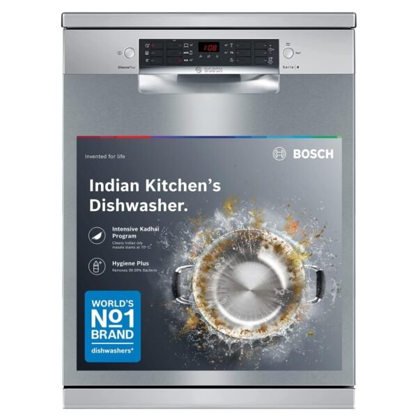 Bosch 15 Place Setting (fits up to 80 utensils) Free-Standing Dishwasher for Indian Utensils | Hygiene+ & Intensive Kadhai Program (SMS46KI03I, Silver Inox, Inbuilt Heater, Removes 99.9% Germs)