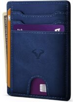 Contacts Genuine Leather Slim Wallet | RFID Blocking Skinny Minimal Thin Front Pocket Wallet Sleeve Card Holder for Men | 7 Card Slots, 1 ID Window, Blue, Classic