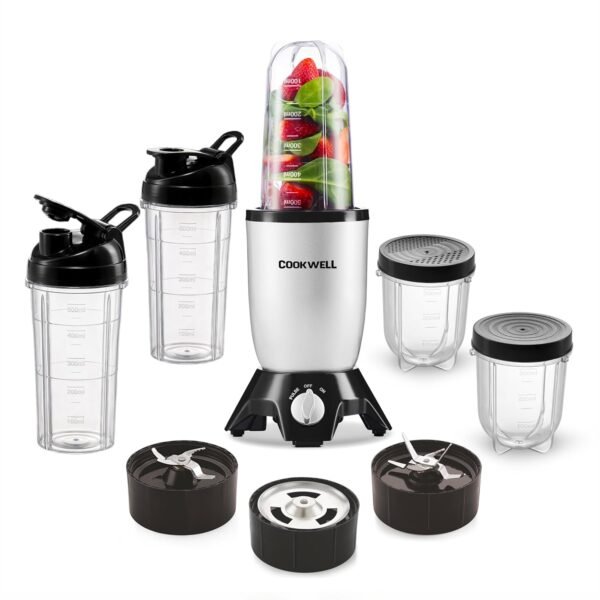 Cookwell Bullet Mixer Grinder (5 Jars, 3 Blades, Silver) - Copper, 600 Watts - 2 Year Warranty