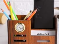 Deskart Stylish Pen Stand with Clock, Business Visiting Card & Mobile Holder | Multipurpose Wooden Desk Organizer for Office Desk and Study Table