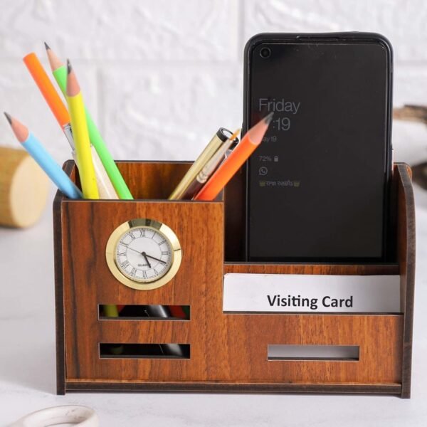 Deskart Stylish Pen Stand with Clock, Business Visiting Card & Mobile Holder | Multipurpose Wooden Desk Organizer for Office Desk and Study Table