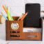 Deskart Stylish Pen Stand with Clock, Business Visiting Card & Mobile Holder | Multipurpose Wooden Desk Organizer for Office Desk and Study Table