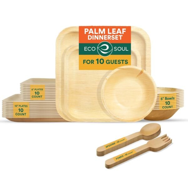 ECO SOUL [10 Pack] Palm Leaf Dinnerware Set |Biodegradable, Disposable Square Plate Set |Eco Friendly Tableware for Wedding, Birthday, Party |10 & 6 inch (25 cm & 15 cm) Plates, 250 ml Bowls & Cutlery