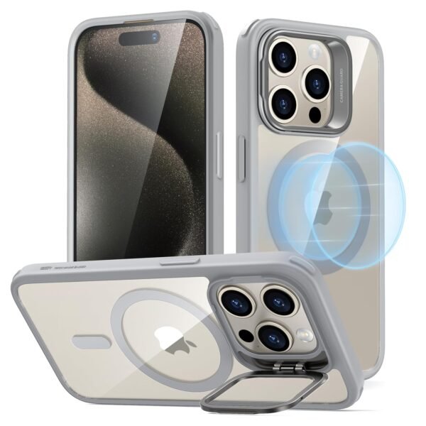 ESR for iPhone 15 Pro Case, Compatible with MagSafe, Military-Grade Protective Case, Built-in Stash Stand Phone Case, Scratch-Resistant TPU Back Cover, Classic Series, Clear Gray