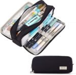 FINEMOE Canvas Large Capacity Pencil Box for Girls & Boys, 3 Compartments Pen & Pencil Pouches, Aesthetic Stationery Pouch for School Kids College Students, Cute Stationary Gift for Children (Black)