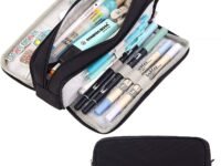 FINEMOE Canvas Large Capacity Pencil Box for Girls & Boys, 3 Compartments Pen & Pencil Pouches, Aesthetic Stationery Pouch for School Kids College Students, Cute Stationary Gift for Children (Black)