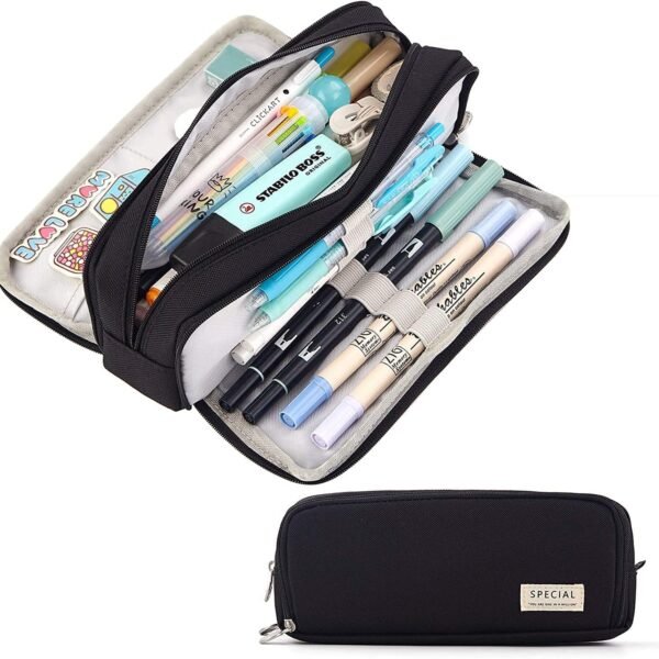 FINEMOE Canvas Large Capacity Pencil Box for Girls & Boys, 3 Compartments Pen & Pencil Pouches, Aesthetic Stationery Pouch for School Kids College Students, Cute Stationary Gift for Children (Black)