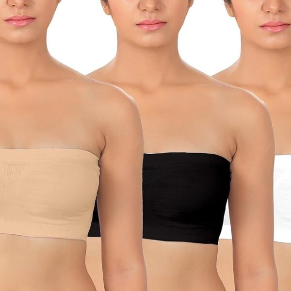 Fabme Women's Cotton Blend Non-Padded Wirefree Strapless Bra (Po3-BR-TB_Multicoloured_Free Size_Beige, Black, White_Free Size)
