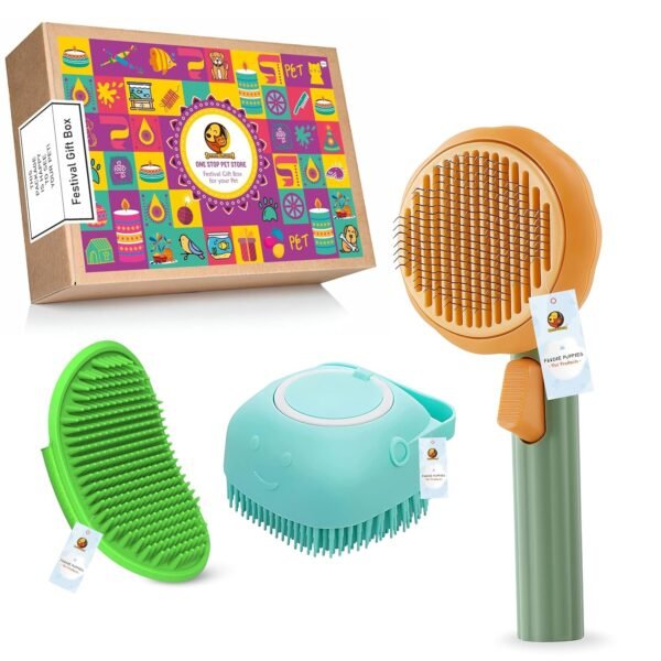 Foodie Puppies 3-in-1 Pet Grooming Combo Festival Gift Box for Dogs & Cats I Includes Pumpkin Slicker Brush, Silicone Dispenser & Soothing Glove I Perfect for Daily Grooming & Shedding Control