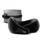 Frido Travel Neck Pillow, 100% Hi-Per Foam, Lightweight Neck Support Pillow, Neck Pillow for Flight Travel, Memory Foam, Adjustable Velcro Straps, Free Travel Pouch (Core Black)