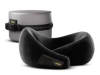 Frido Travel Neck Pillow, 100% Hi-Per Foam, Lightweight Neck Support Pillow, Neck Pillow for Flight Travel, Memory Foam, Adjustable Velcro Straps, Free Travel Pouch (Core Black)